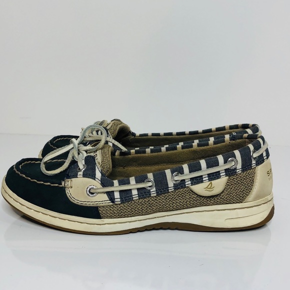 blue and white striped sperrys